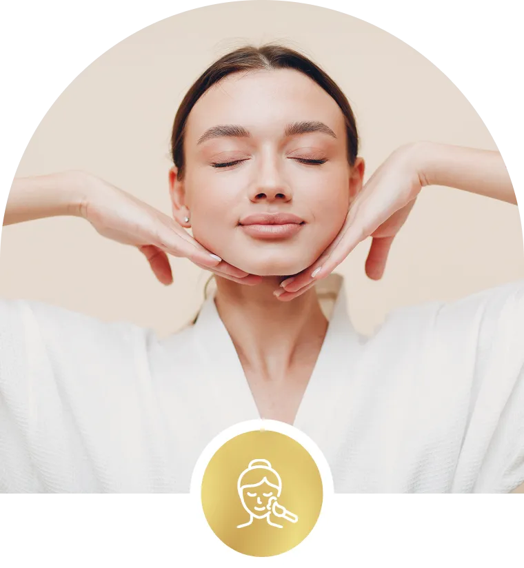 Woman practicing facial yoga, eyes closed.