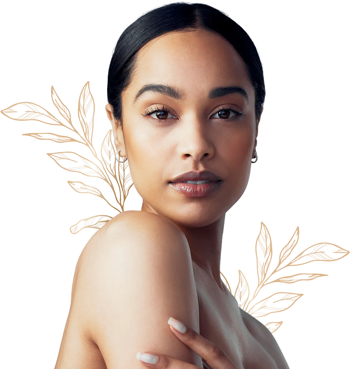 Woman with floral background, confident expression.